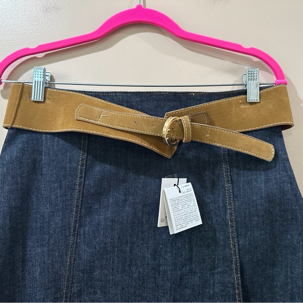 ZARA Women’s S Indigo Denim A-Line Wrap Skirt Brown Faux Leather Belt Boho 90s - Picture 8 of 10